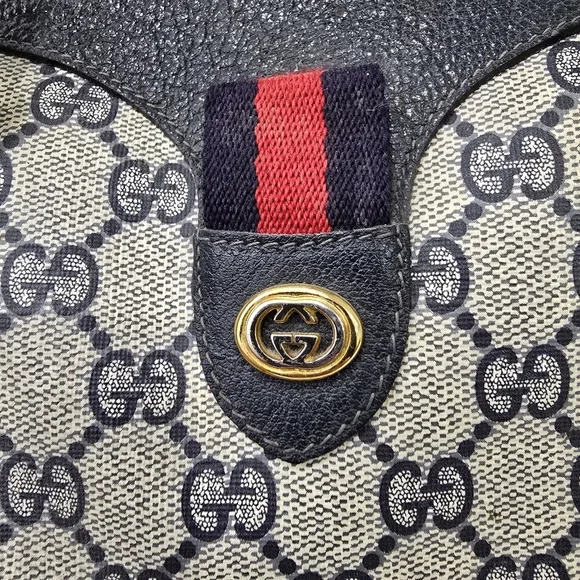 GUCCI - Vintage GG Sherry Line Boston Bag in Rare Navy Blue, PVC & Leather - Picture 2 of 16